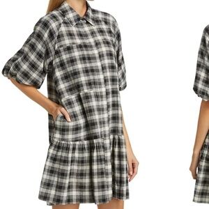 Jonathan Simkhai Crissy Black Plaid Mini Dress Size XS Puff Sleeve Boho Fall